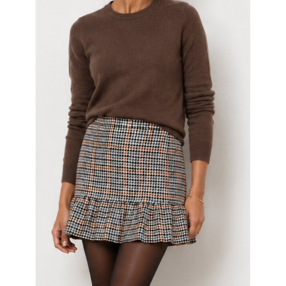 J.Crew Houndstooth Ruffle Mini Skirt Wool Blend Navy Brown White Size 14